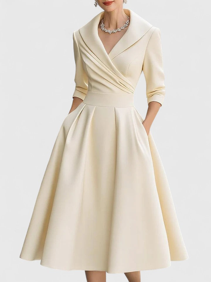 Shawl Collar Wrap Three Quarter Sleeve Fit and Flare Tea Length Dress 8
