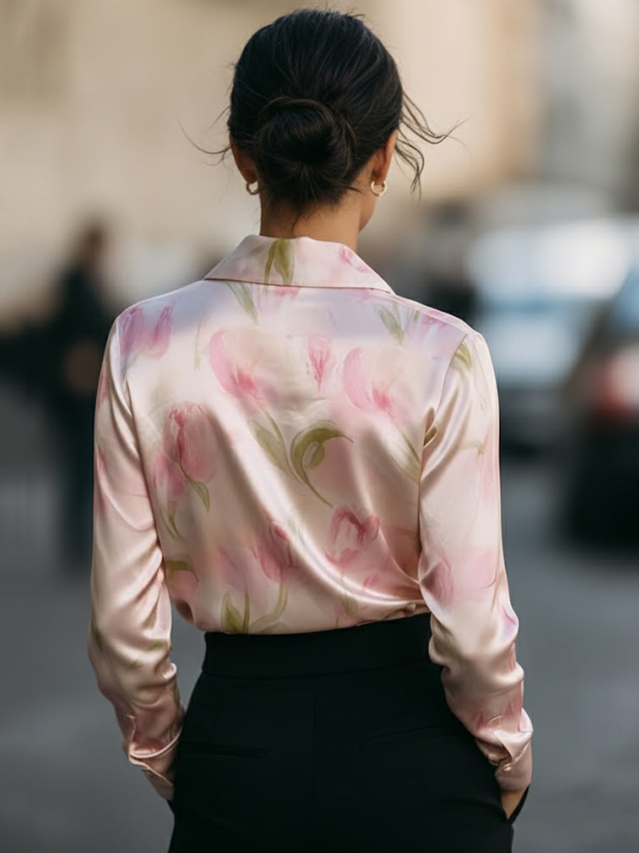 Floral Print Satin Collared Long Sleeve Blouse 5
