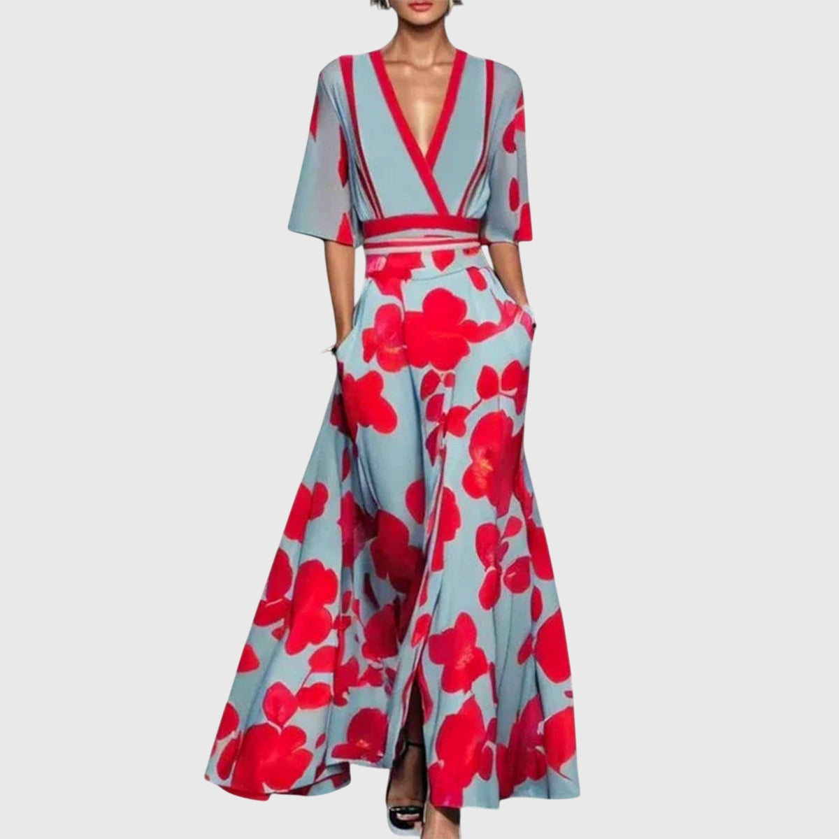 Floral Print Deep V-Neck Three Quarter Sleeve Wrap Maxi Dress 2