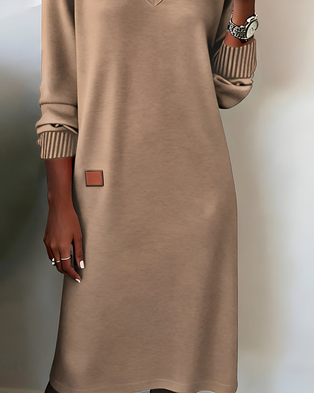 V-Neck Long Sleeve Ribbed Cuff Sweatshirt Mini Dress 6