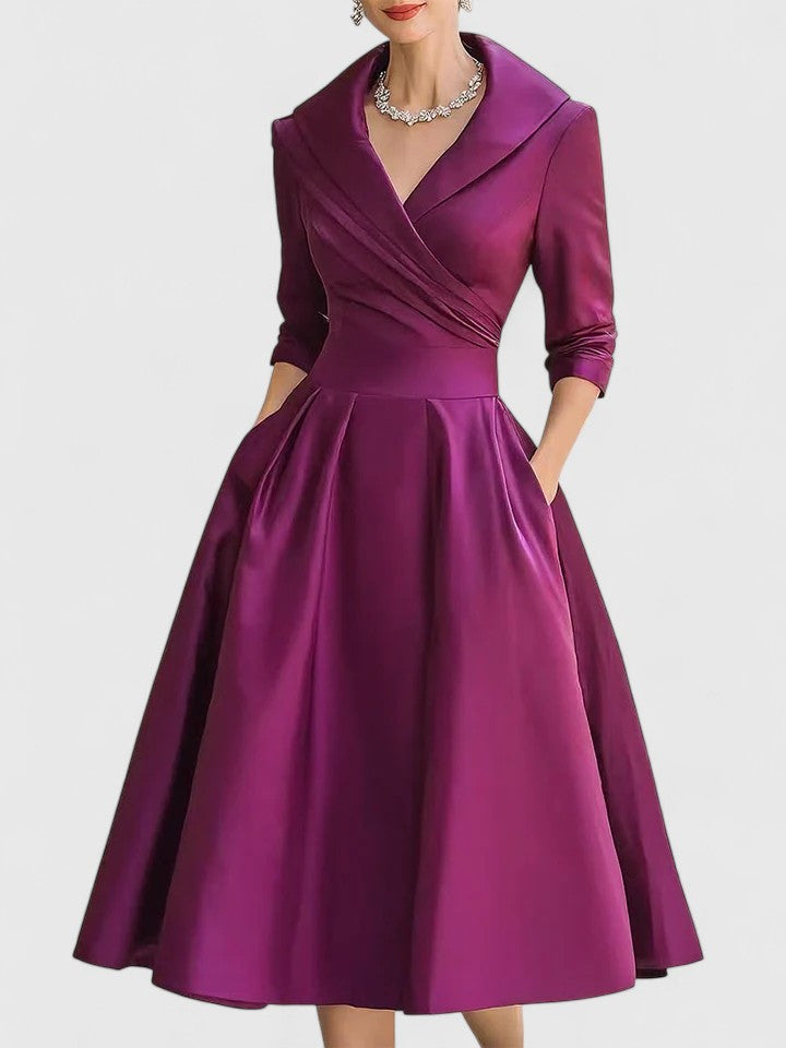 Shawl Collar Wrap Three Quarter Sleeve Fit and Flare Tea Length Dress 9