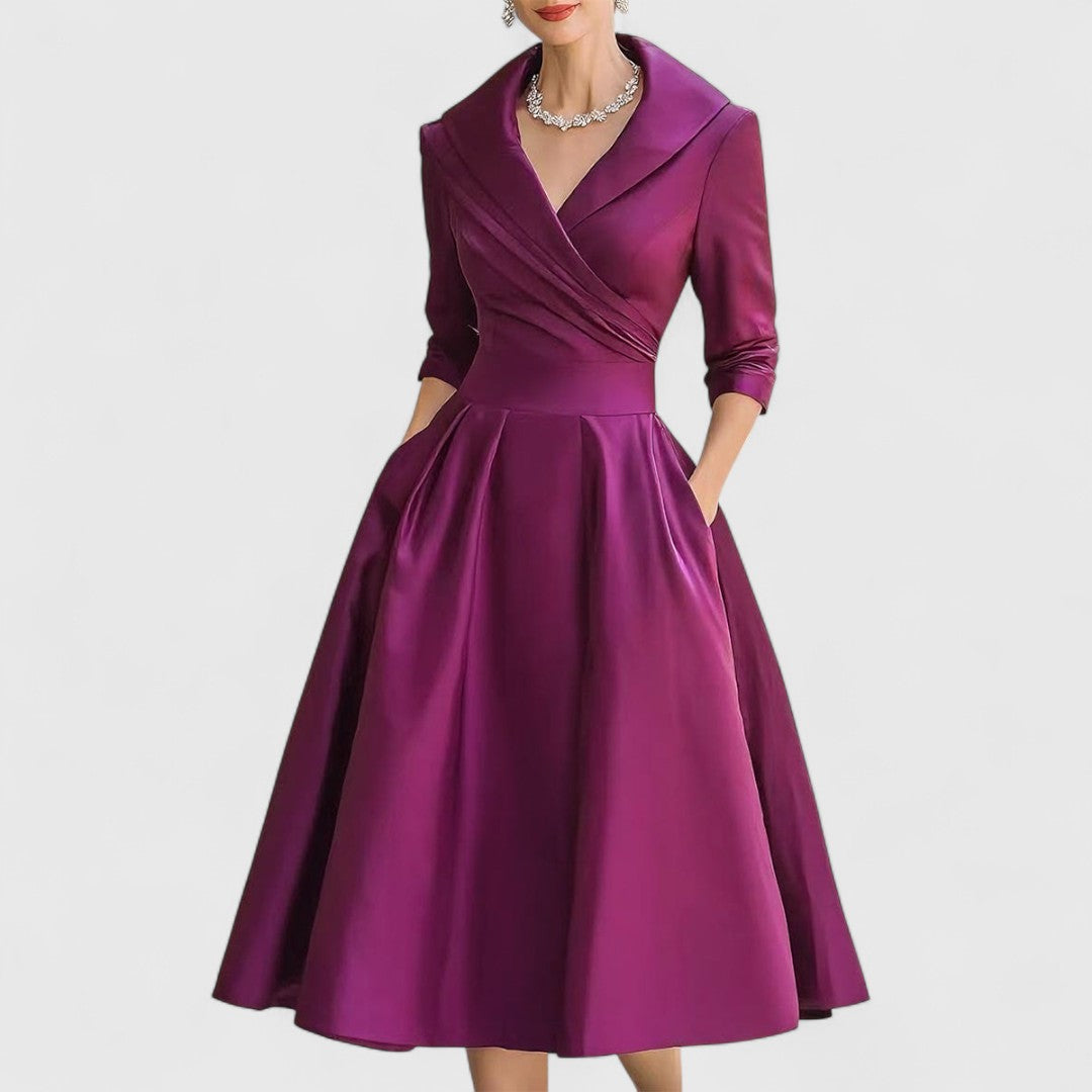 Lapel Collar Surplice Pleated Satin A-Line Midi Dress 4