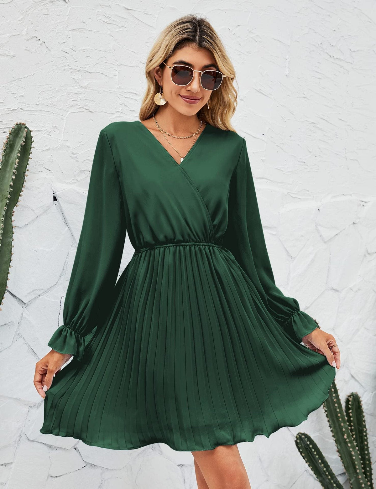 Wrap V-Neck Long Sleeve Pleated Fit and Flare Mini Dress