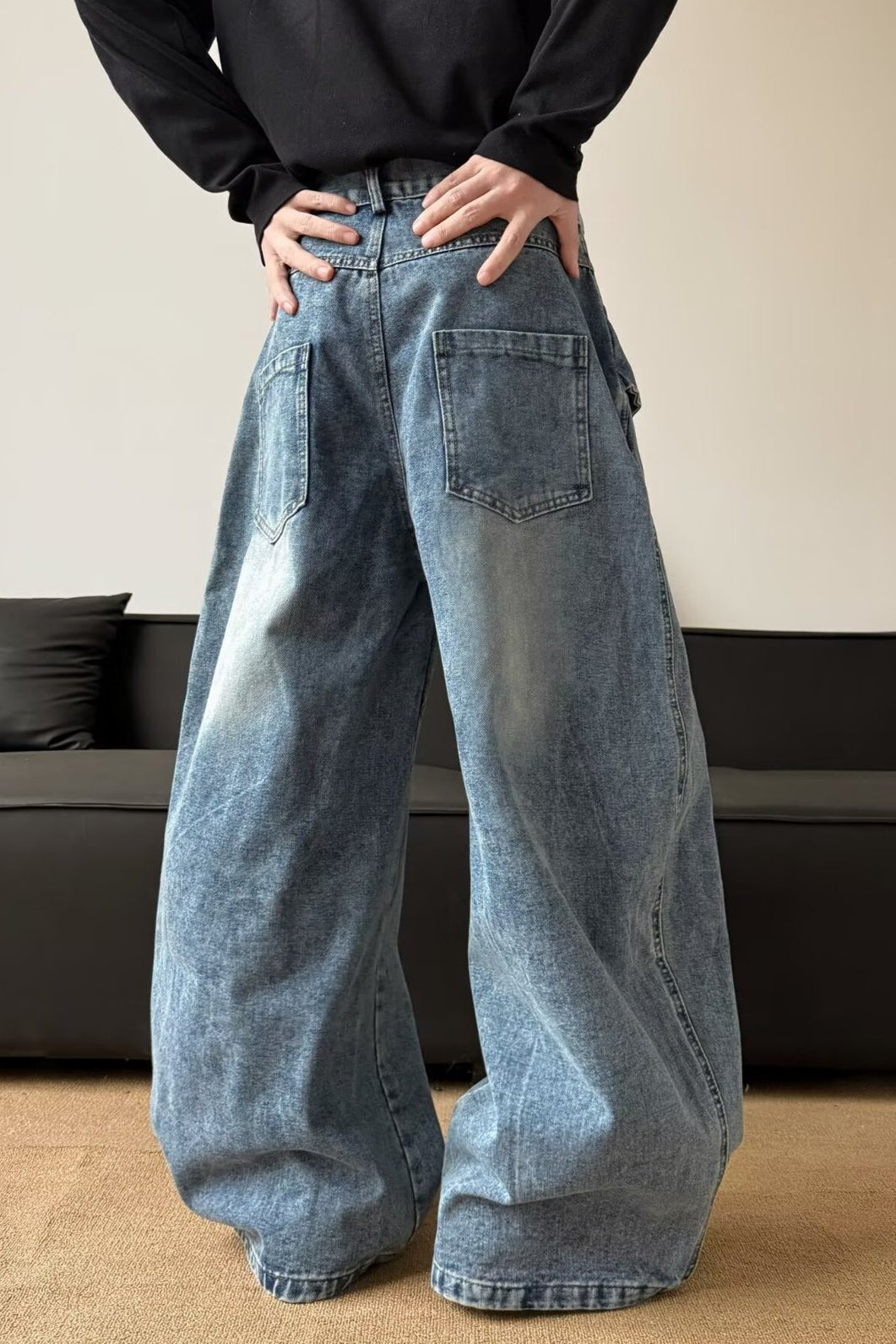 Vintage Washed Patchwork Wide-Leg Denim Jeans