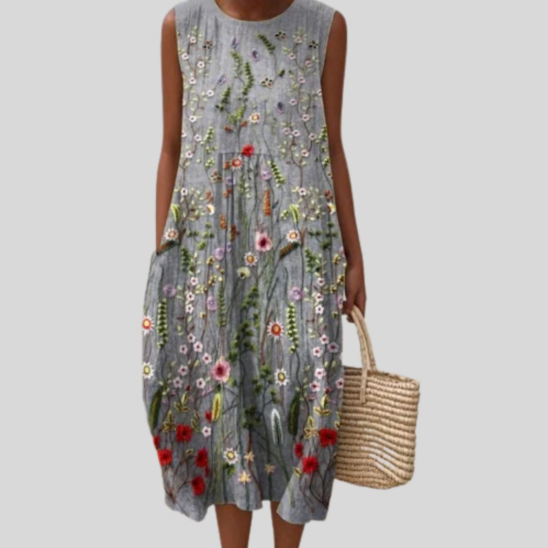 Floral Round Neck Sleeveless Pocket Midi Dress
