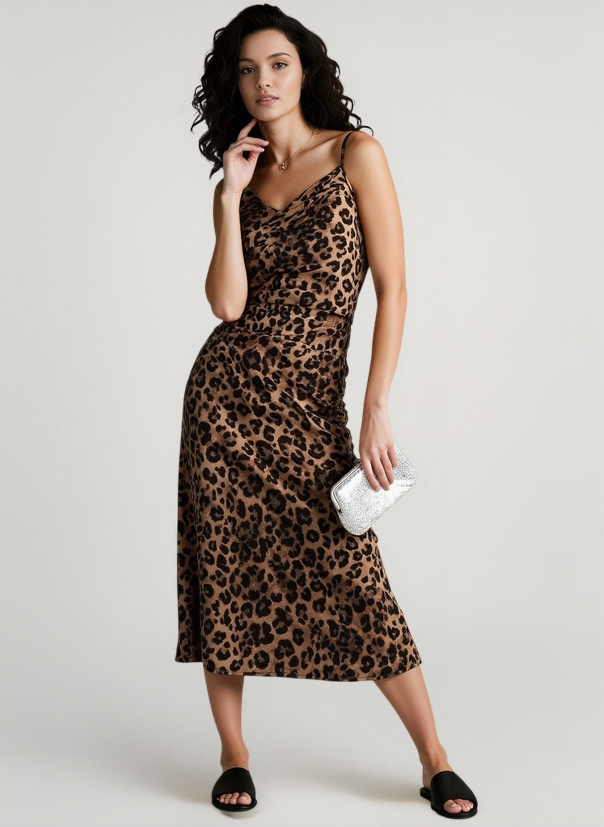 Leopard Print Cowl Neck Spaghetti Strap Satin Slip Midi Dress - View 2