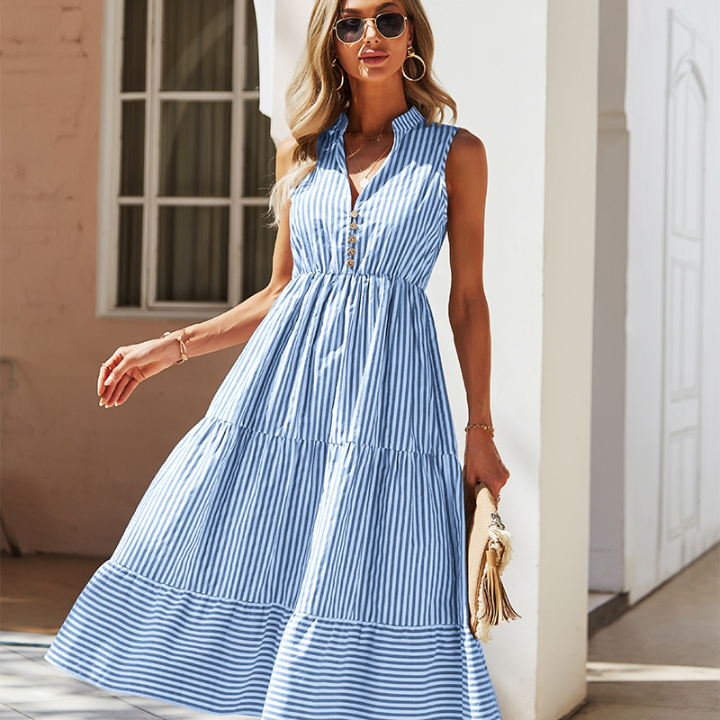 Striped Mandarin Collar Button Front Tiered Shirt Dress