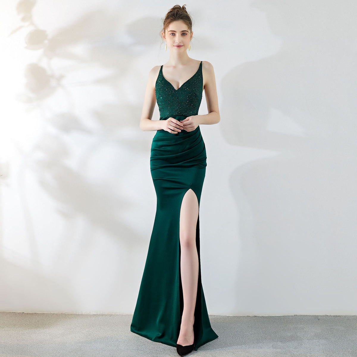 Beaded Satin V-Neck High Split Mermaid Maxi Gown - View 12