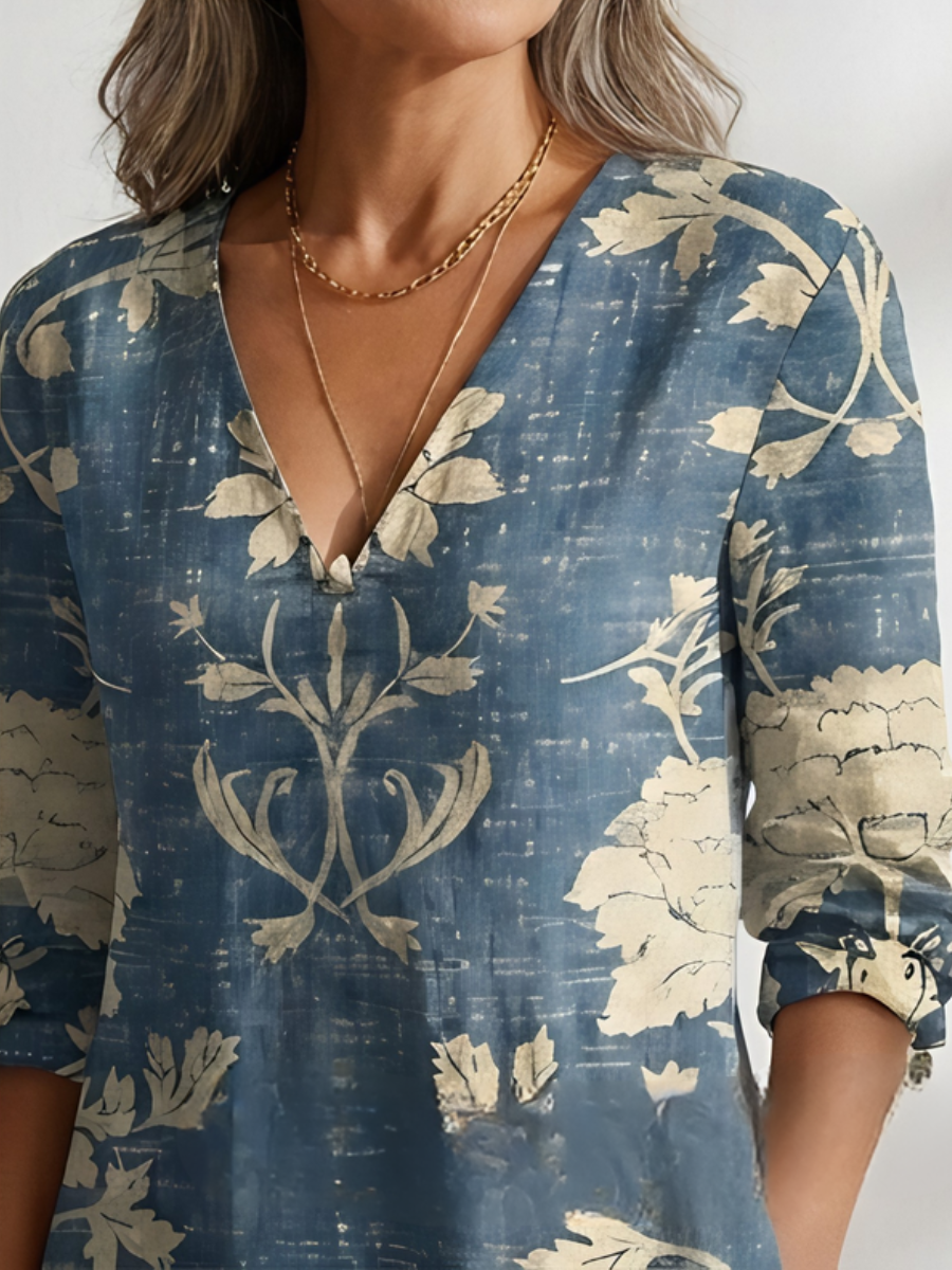 Floral Damask Print V-Neck Long Sleeve Midi Dress 4