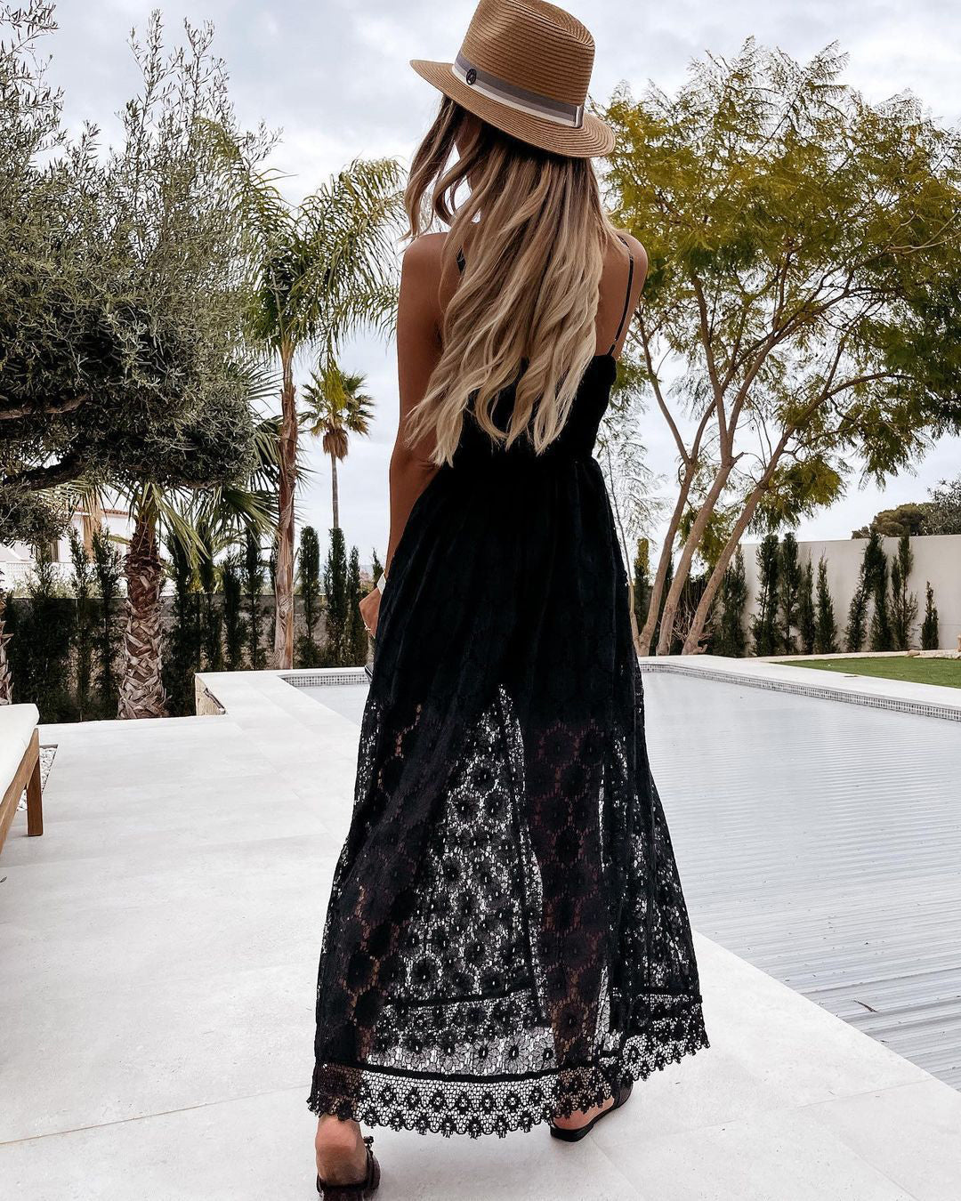 Lace Spaghetti Strap Smocked Bodice Crochet Hem Lace Trim Maxi Dress - View 5