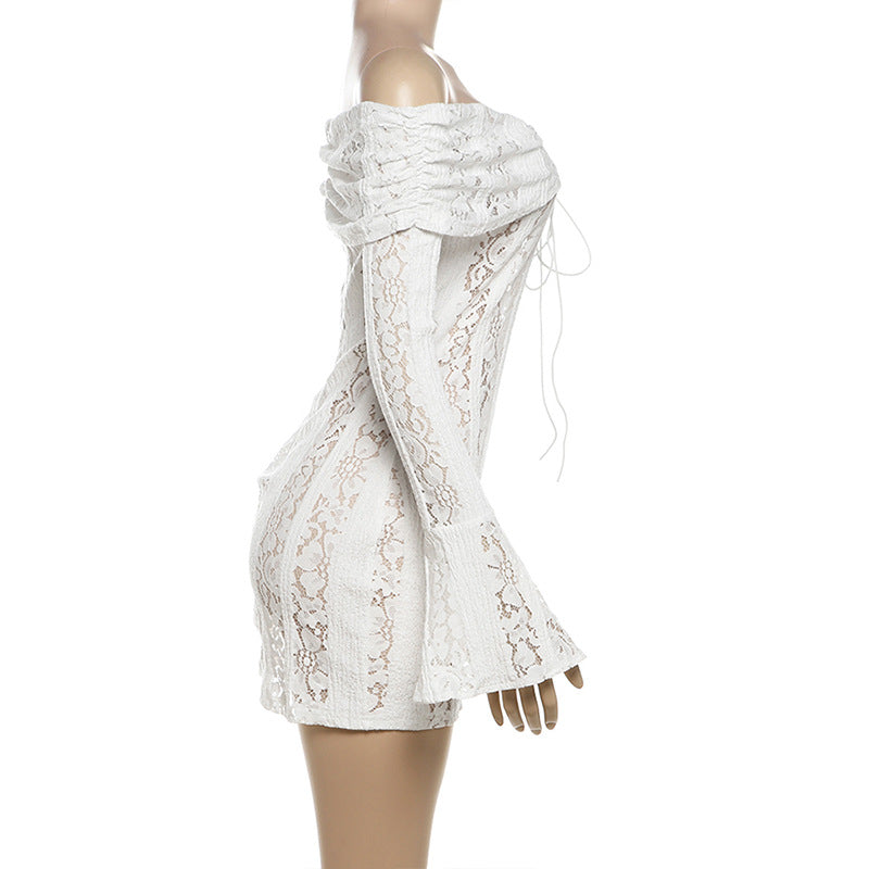 Off Shoulder Lace Bell Sleeve Ribbon Tie Bodycon Mini Dress - View 10