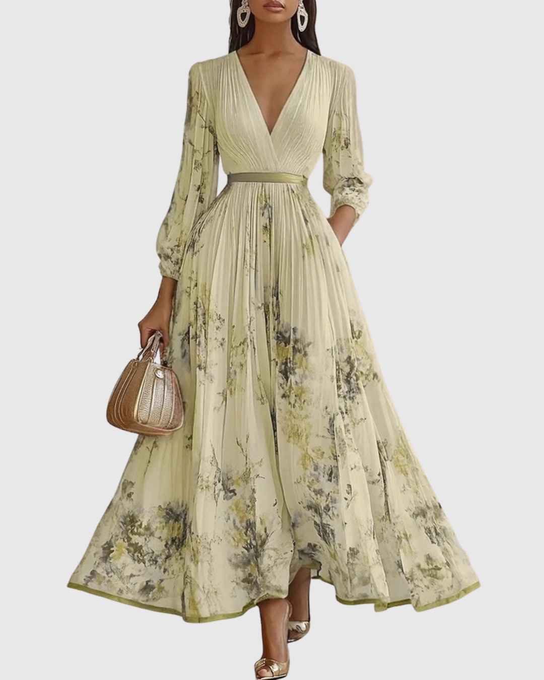 Floral Deep V-Neck Pleated Belted Midi Dress 8
