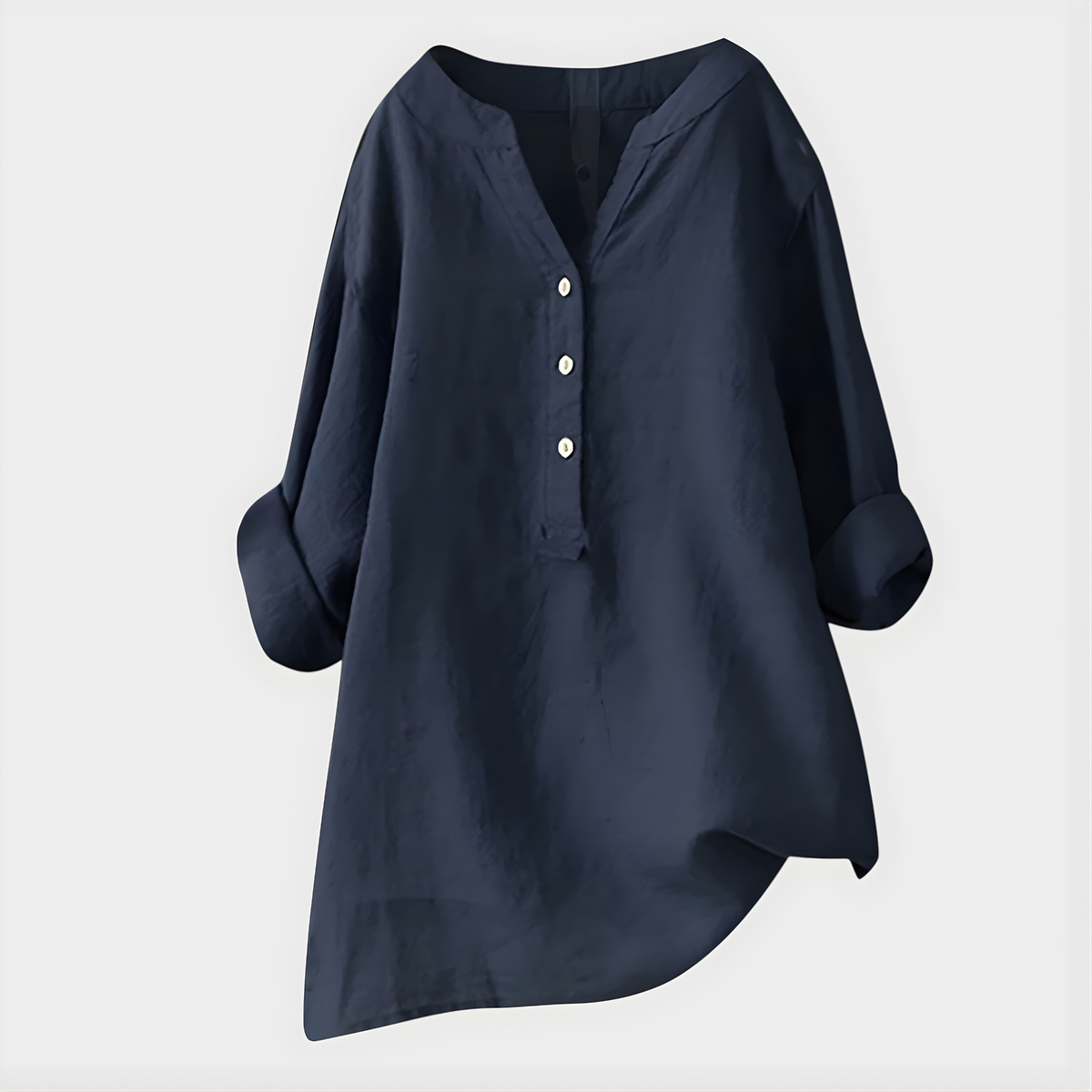 Band Collar Half Button Roll Sleeve Linen Blouse 11