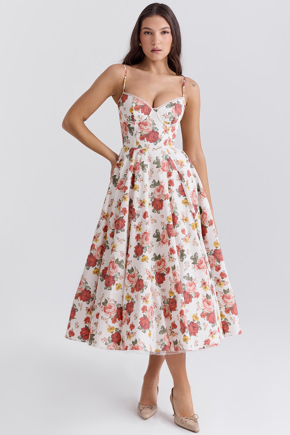 Satin Bustier Sweetheart Lace Trim Pleated Fit and Flare Midi Dress - View 13