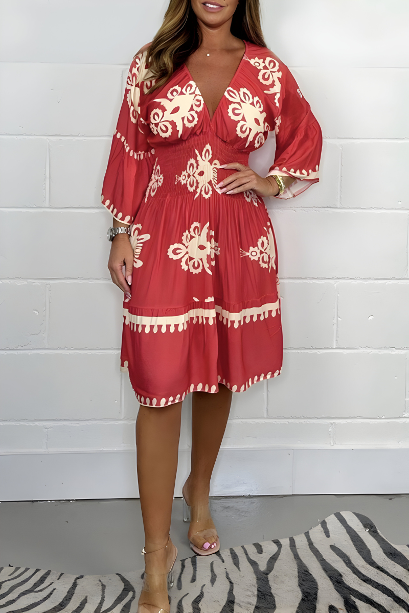 Folk Floral Print V-Neck Three Quarter Sleeve Tiered Midi Dress 6
