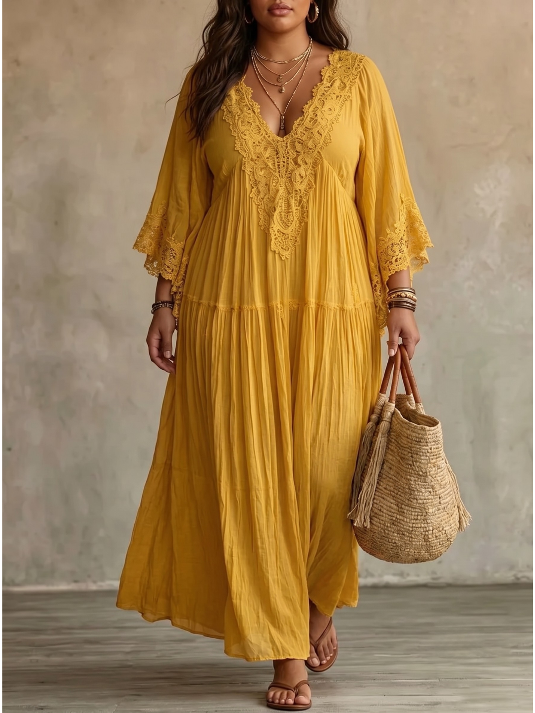 Lace Trim V-Neck Long Sleeve Boho Flowy Maxi Dress 6