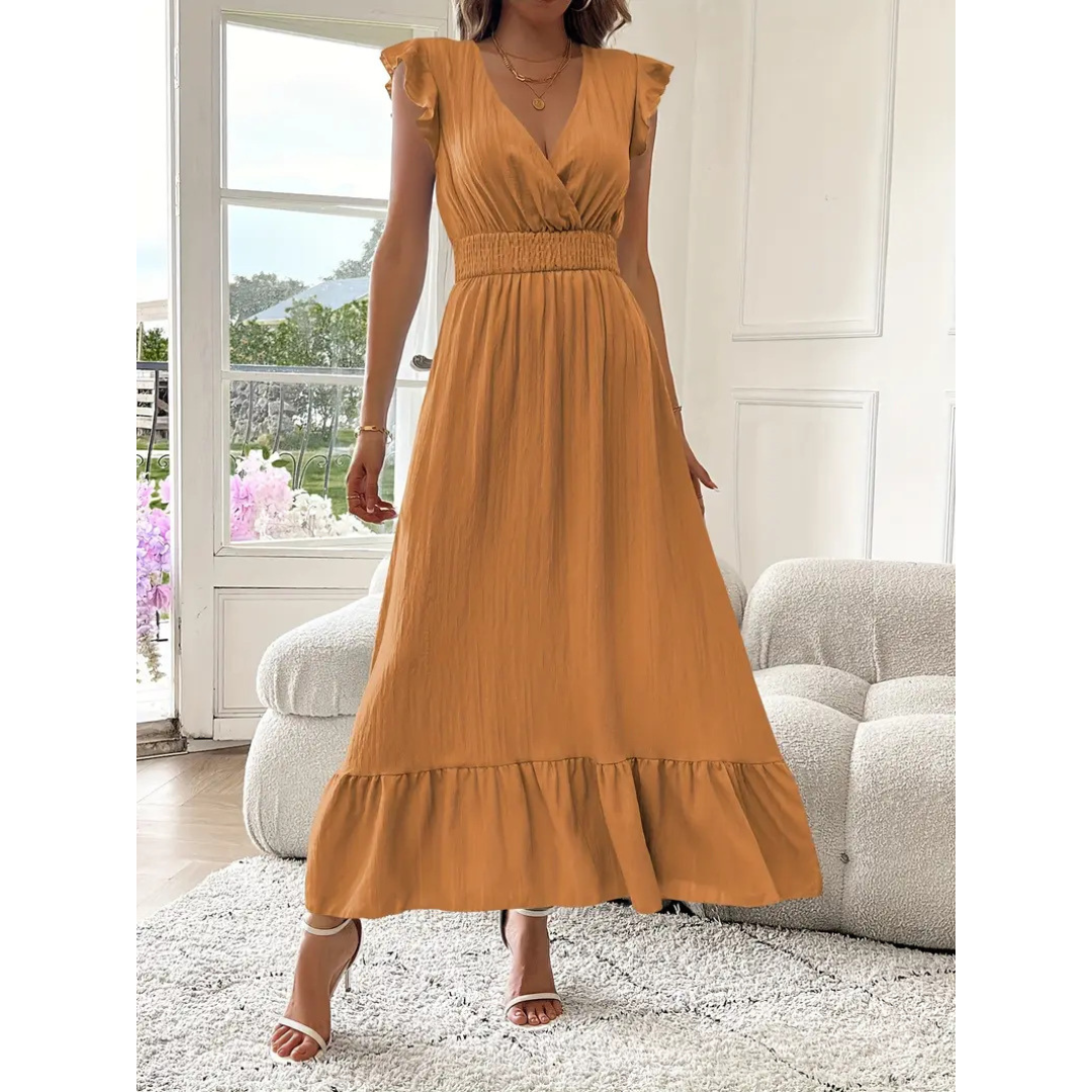 V-Neck Flutter Sleeve Shirred Waist Tiered Maxi Dress 10