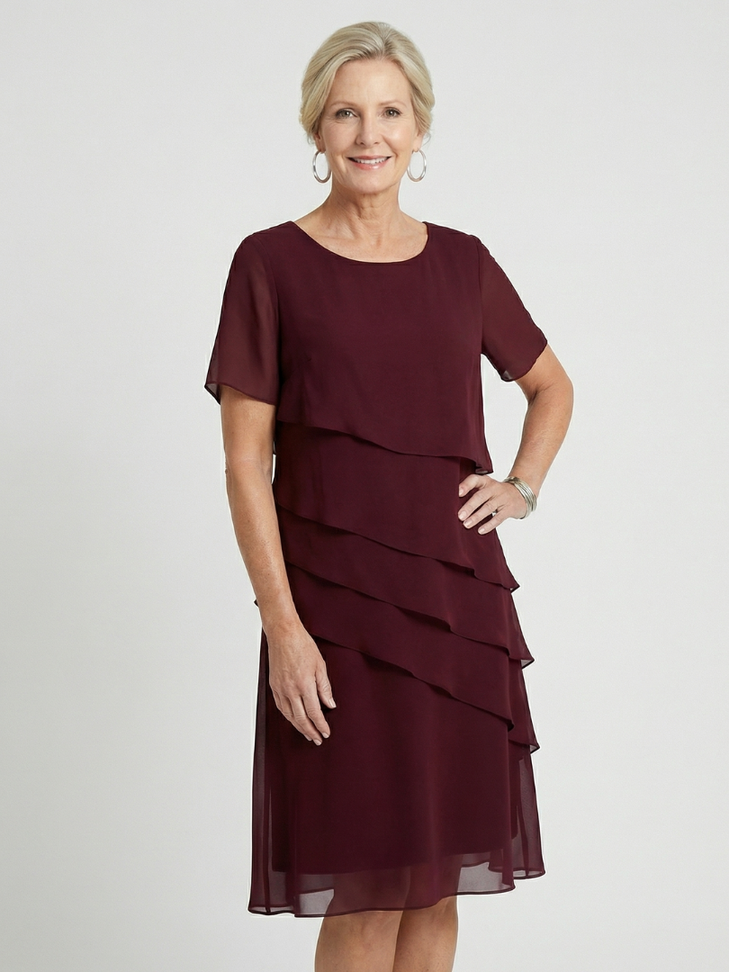 Round Neck Short Sleeve Tiered Knee Length Dress 8