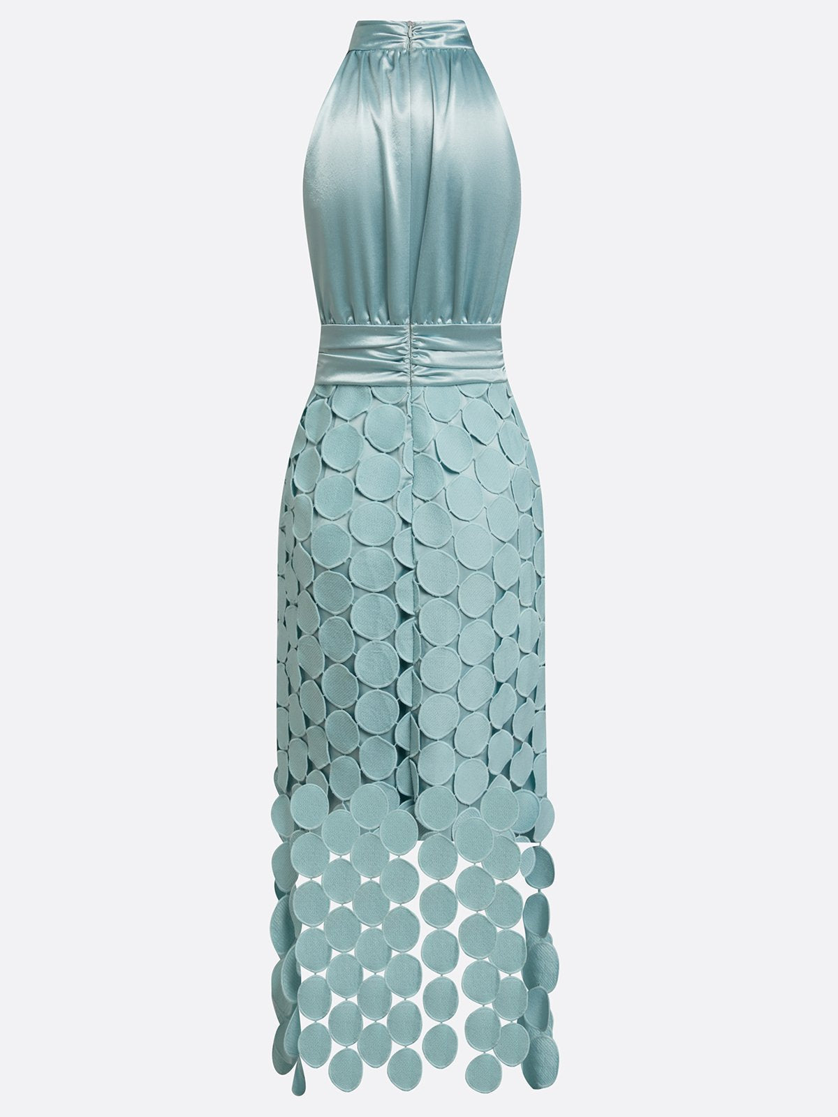 Halter Neck Satin Bodice Laser Cut Disc Midi Dress 10