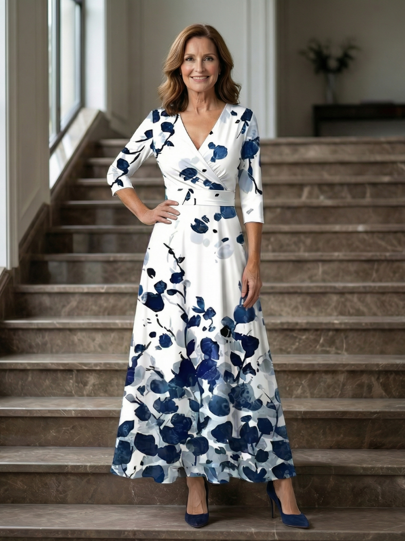 Floral V-Neck Wrap Three Quarter Sleeve Satin Maxi Dress 19