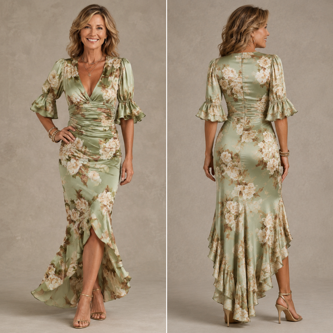Floral Deep V-Neck Ruffle Sleeve Ruched High Low Satin Maxi Dress 7