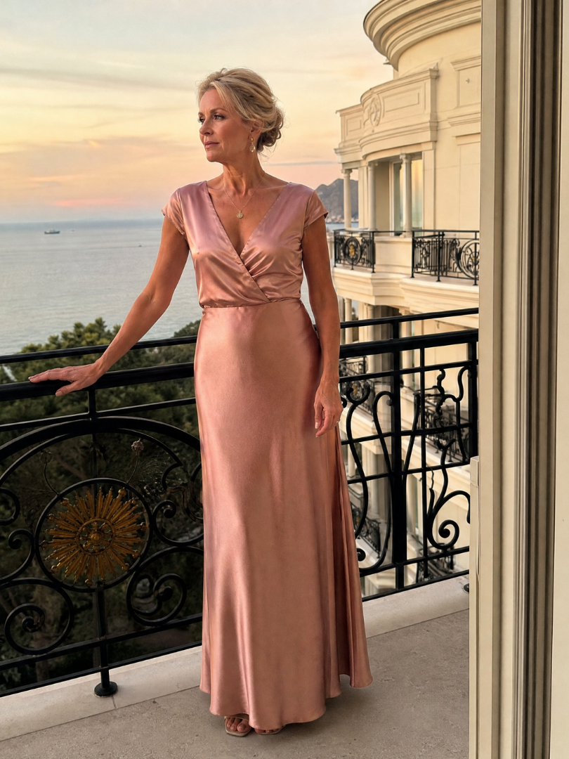 Satin Surplice V-Neck Cap Sleeve Maxi Gown 10