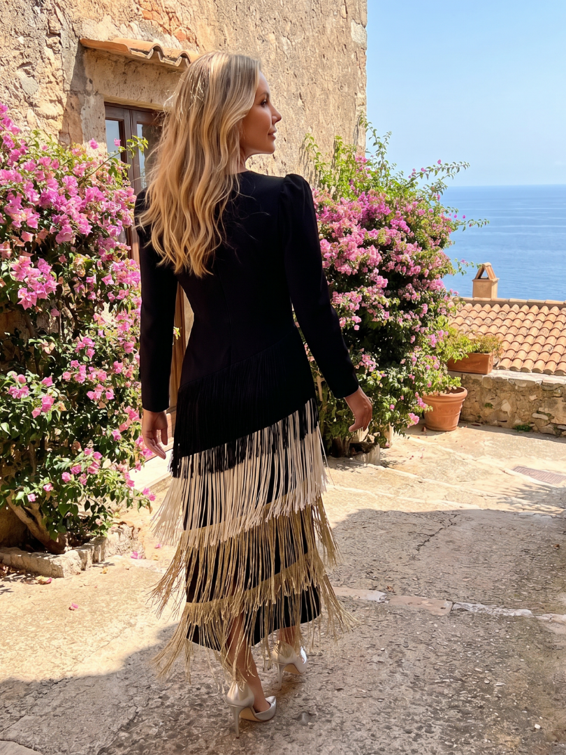 Deep V-Neck Long Sleeve Tiered Fringe Maxi Dress 10
