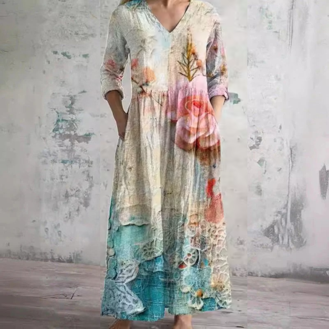Floral Print V-Neck Long Sleeve Lace Hem Tiered Maxi Dress