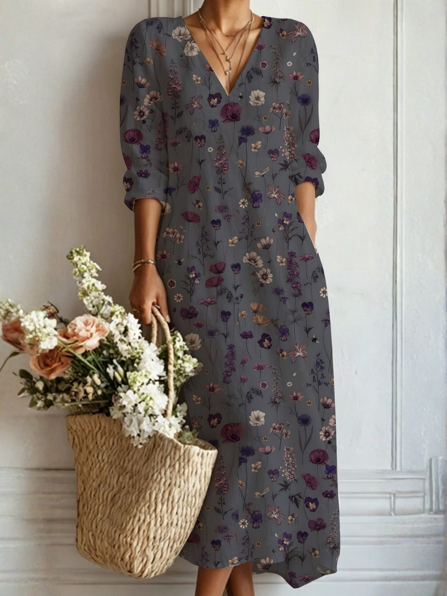 Wildflower Print V-Neck Long Sleeve Pocket Midi Dress