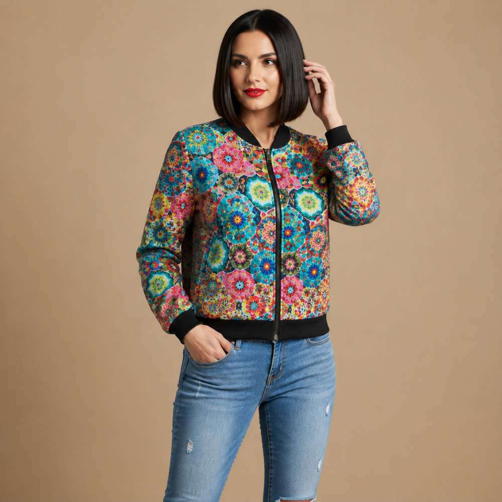 Cat and Music Print Zip Front Bomber Jacket 11