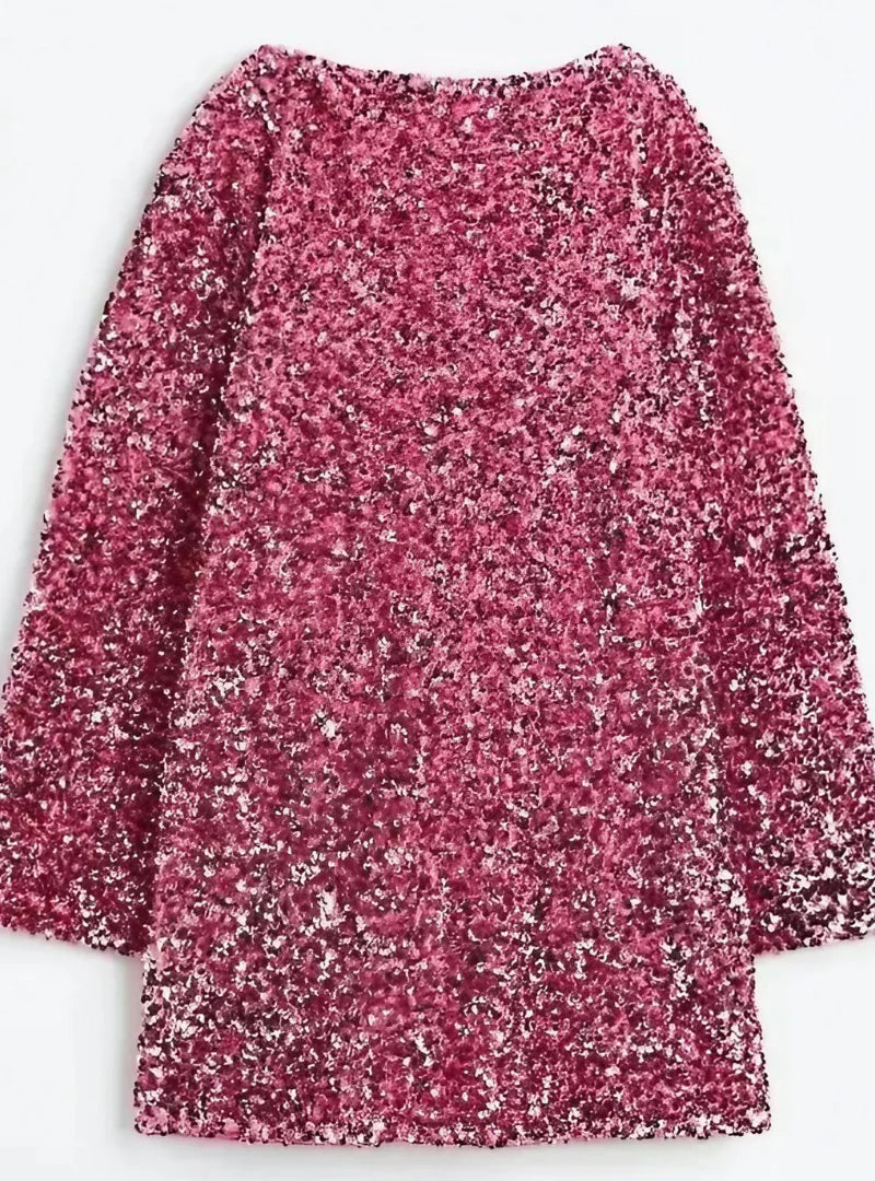 Sequin Boat Neck Long Sleeve Bell Cuff A-Line Mini Cocktail Dress - View 5