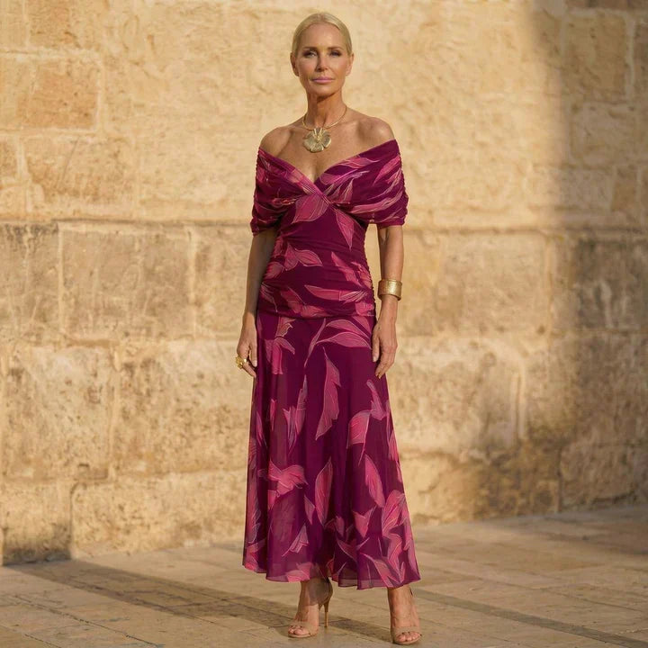 Leaf Print Off Shoulder Ruched Maxi Dress
