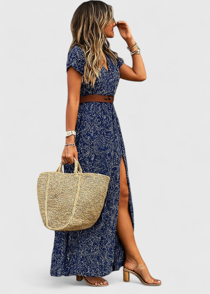 Floral V-Neck Short Sleeve Belted Maxi Dress 2