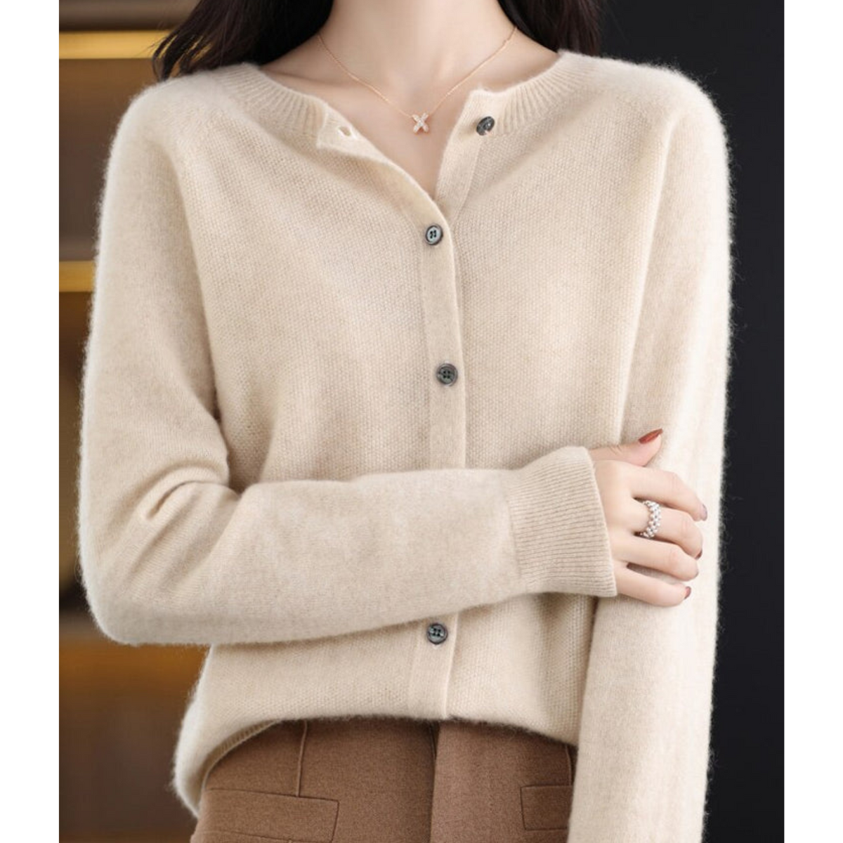 Round Neck Button Front Long Sleeve Knit Cardigan 16
