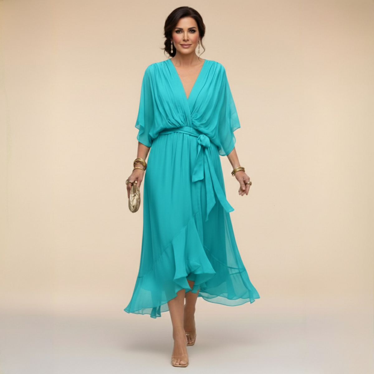 V-Neck Kimono Sleeve Belted High Low Wrap Maxi Dress 6