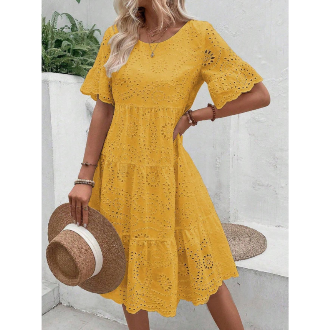 Broderie Eyelet Round Neck Flutter Sleeve Tiered Mini Dress 10