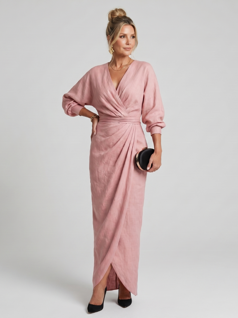 Wrap V-Neck Long Sleeve Ruched Draped Maxi Dress 7