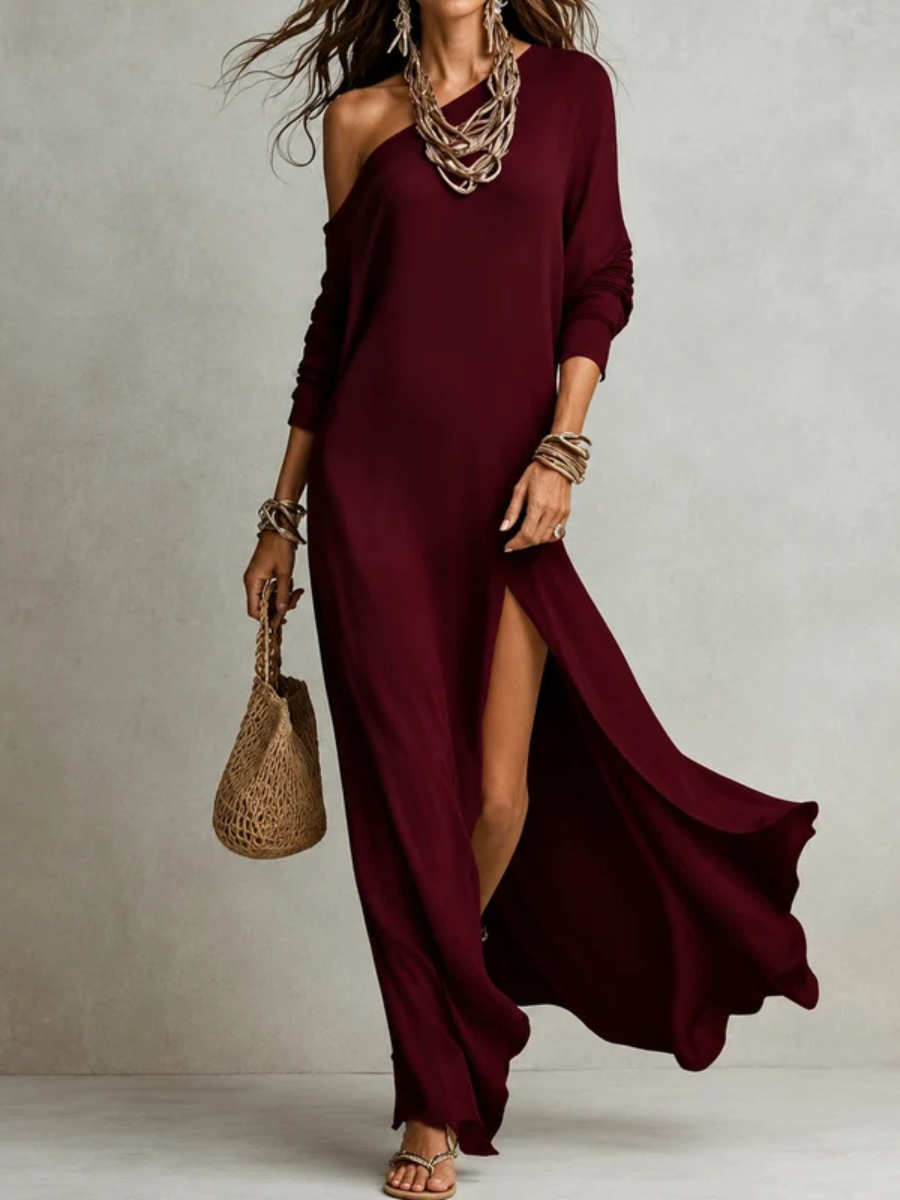 One Shoulder Long Sleeve Ribbed Knit High Split Maxi Dress 9