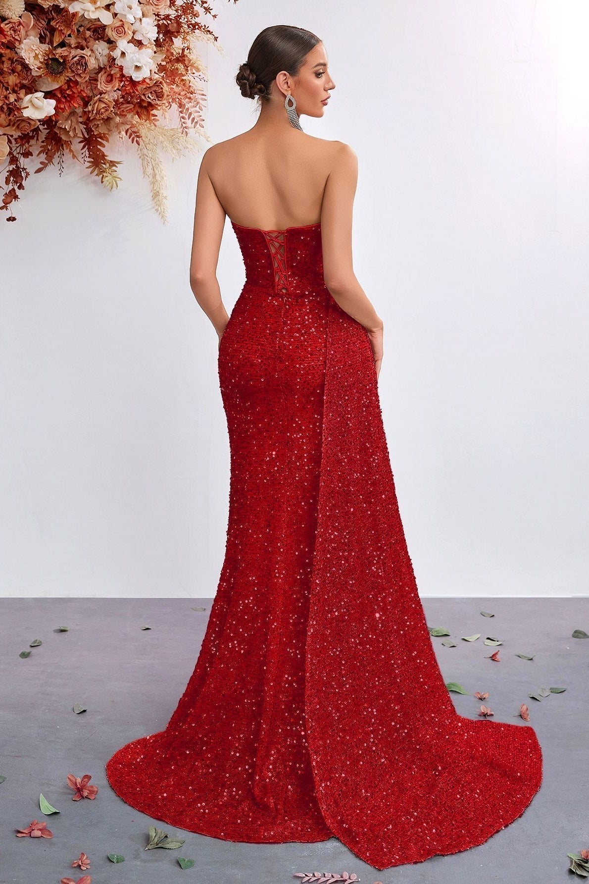 Sequin Strapless Sweetheart Ruched High Split Mermaid Gown - View 5