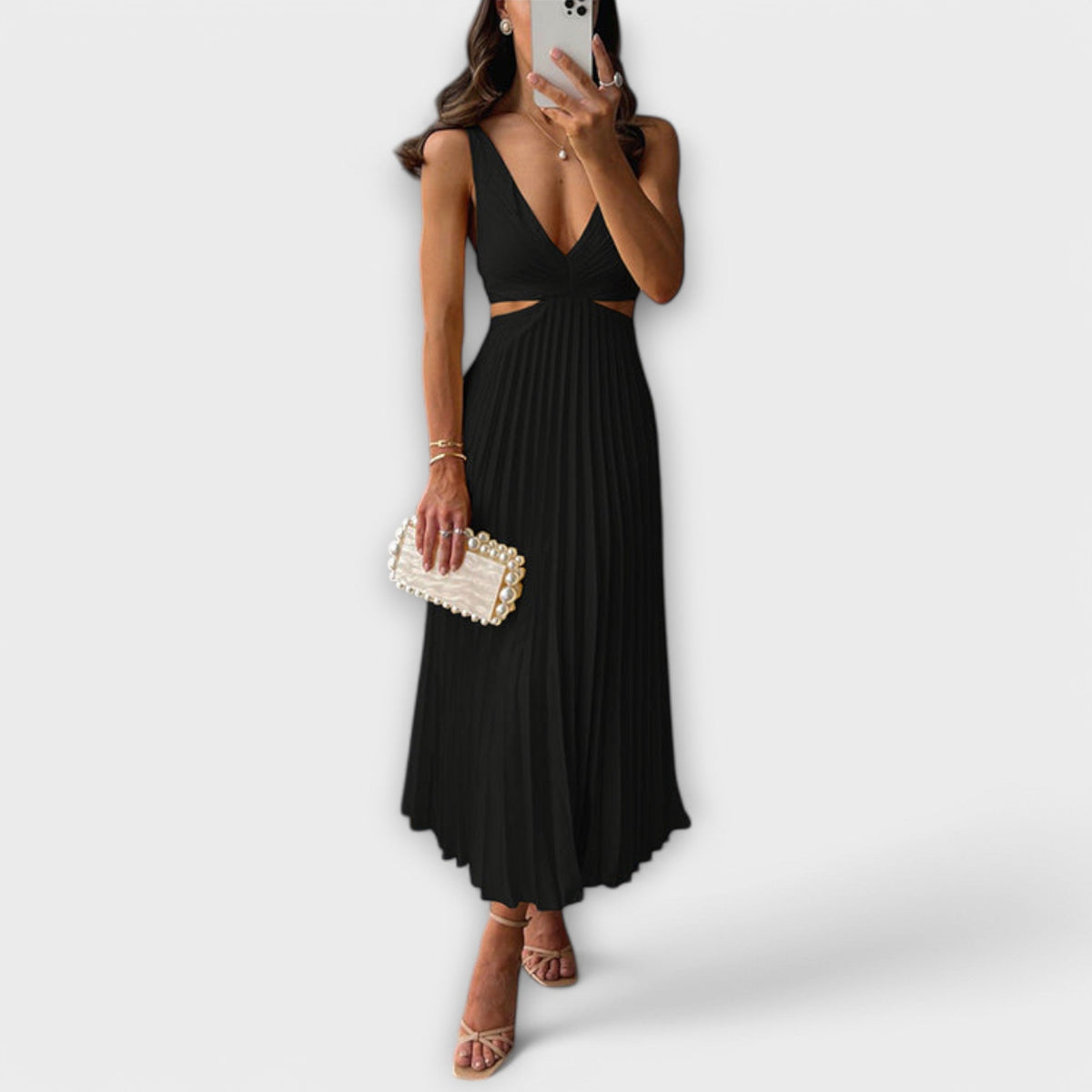 Deep V-Neck Cut Out Pleated Satin Midi Dress 3