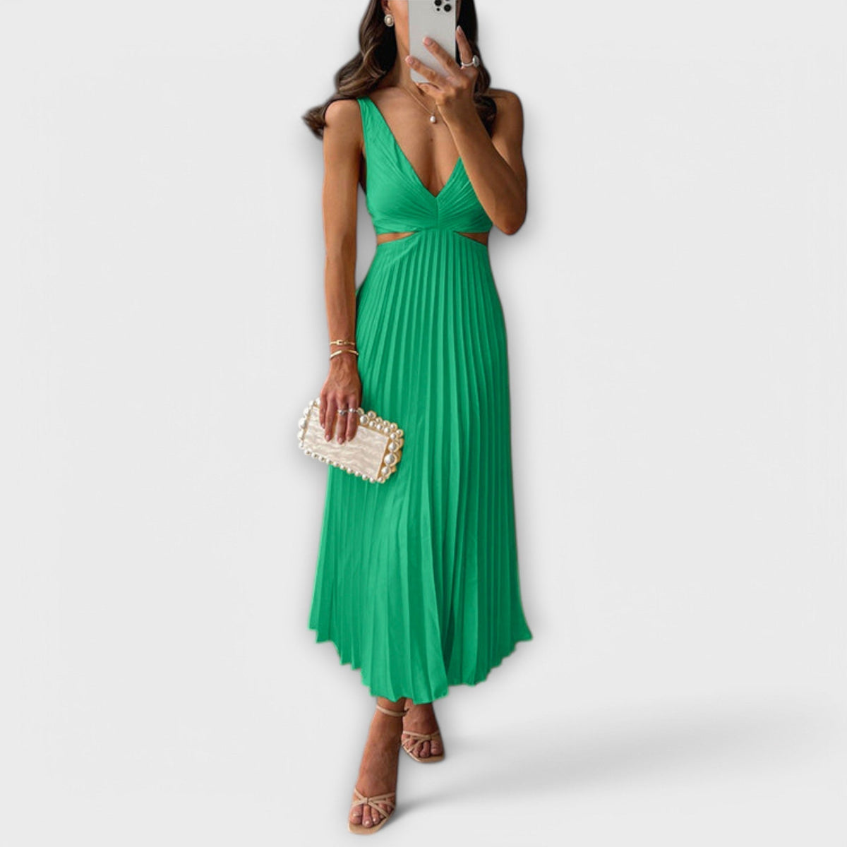 Deep V-Neck Cut Out Pleated Satin Midi Dress 4