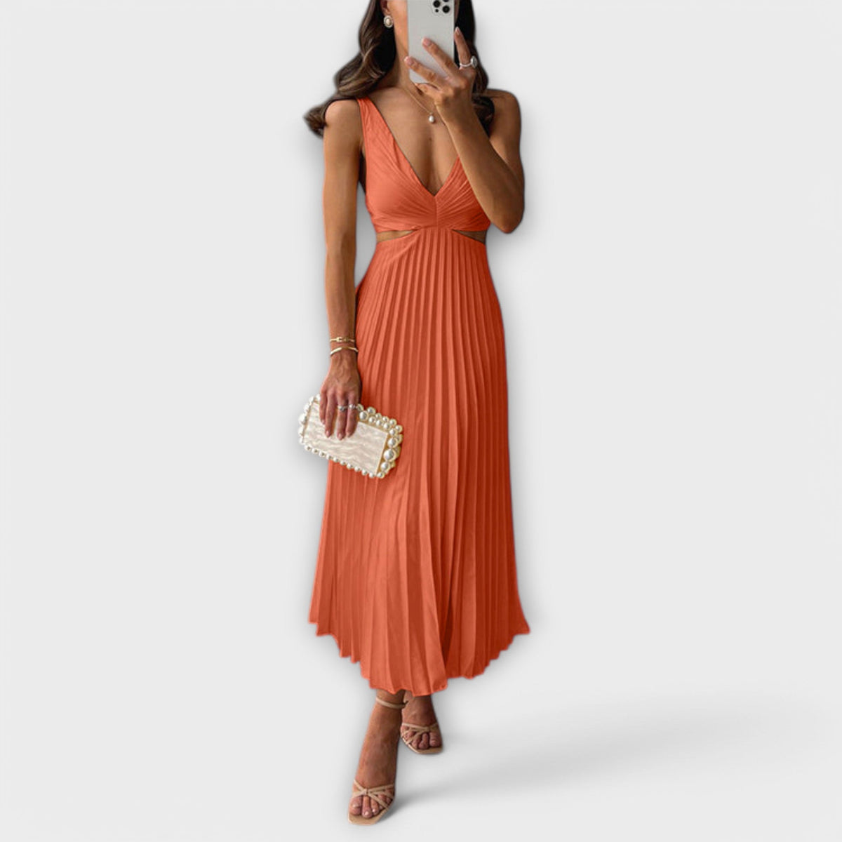 Deep V-Neck Cut Out Pleated Satin Midi Dress 6