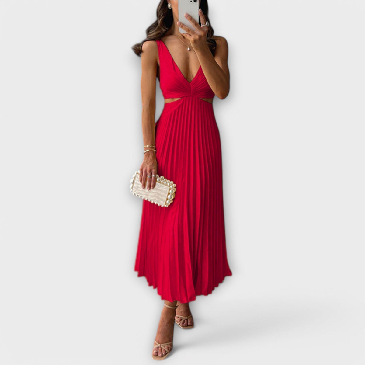 Deep V-Neck Cut Out Pleated Satin Midi Dress 5
