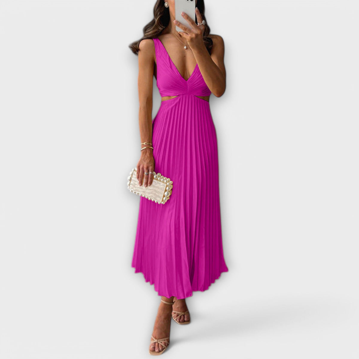 Deep V-Neck Cut Out Pleated Satin Midi Dress 7