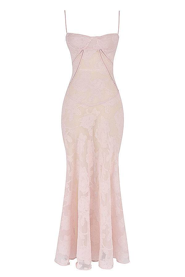 Floral Lace Spaghetti Strap Corset Bodice Sheer Mesh Maxi Gown - View 9
