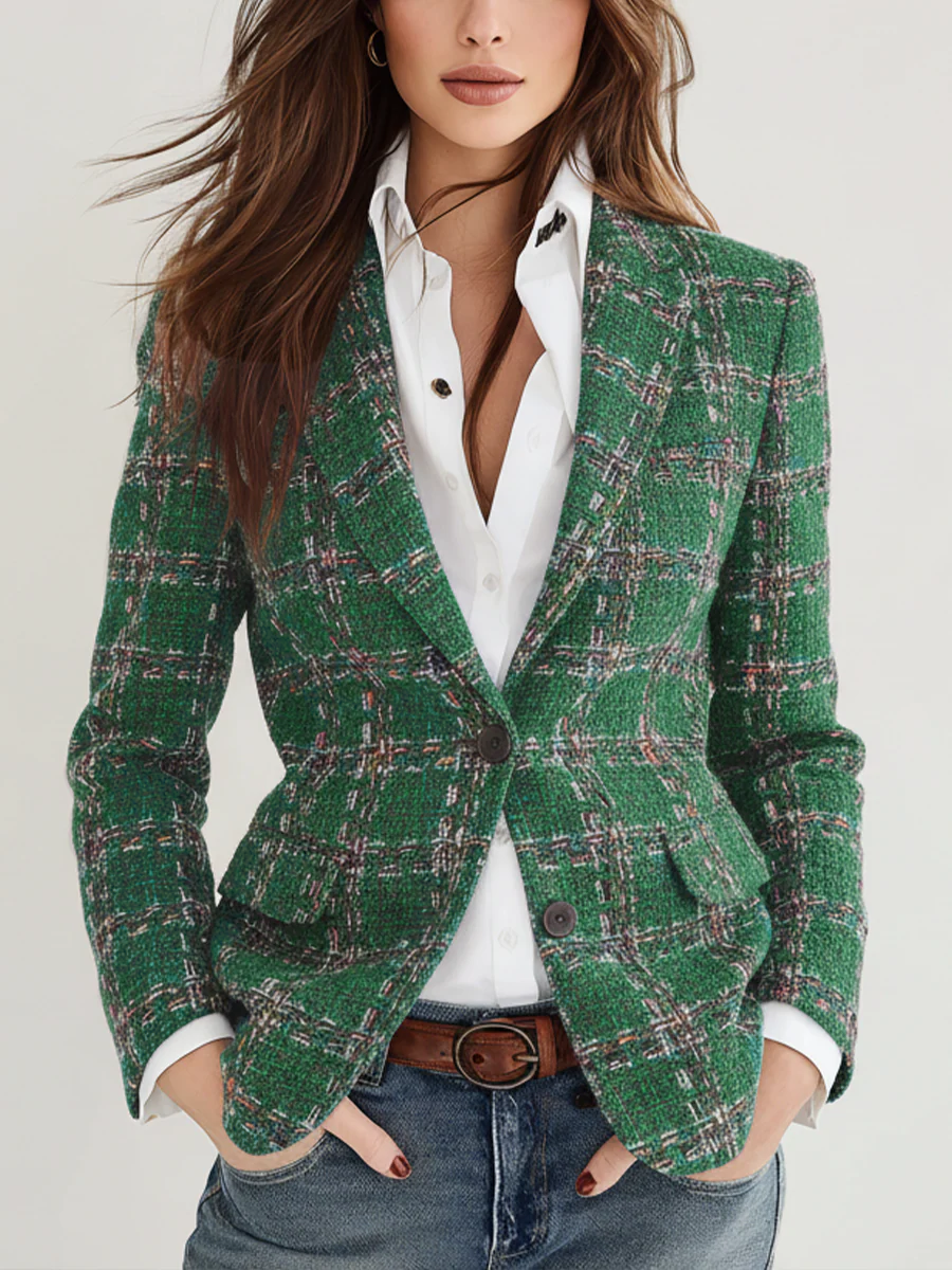 Plaid Tweed Single Button Blazer