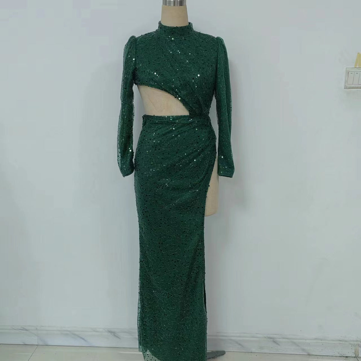 Sequin Mock Neck Long Sleeve Cut Out High Split Maxi Dress - View 5