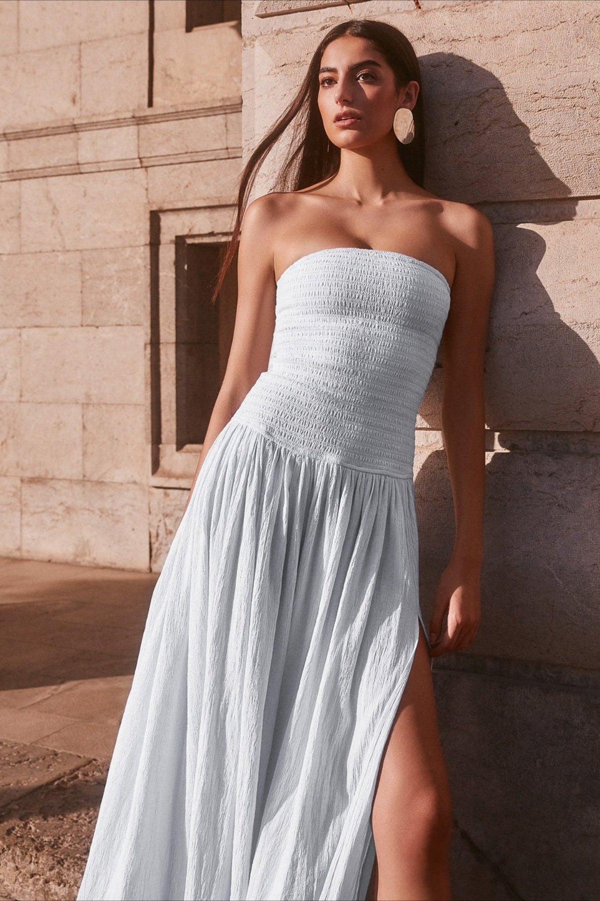 Strapless Ruched High Split Flowy Maxi Prom Dress