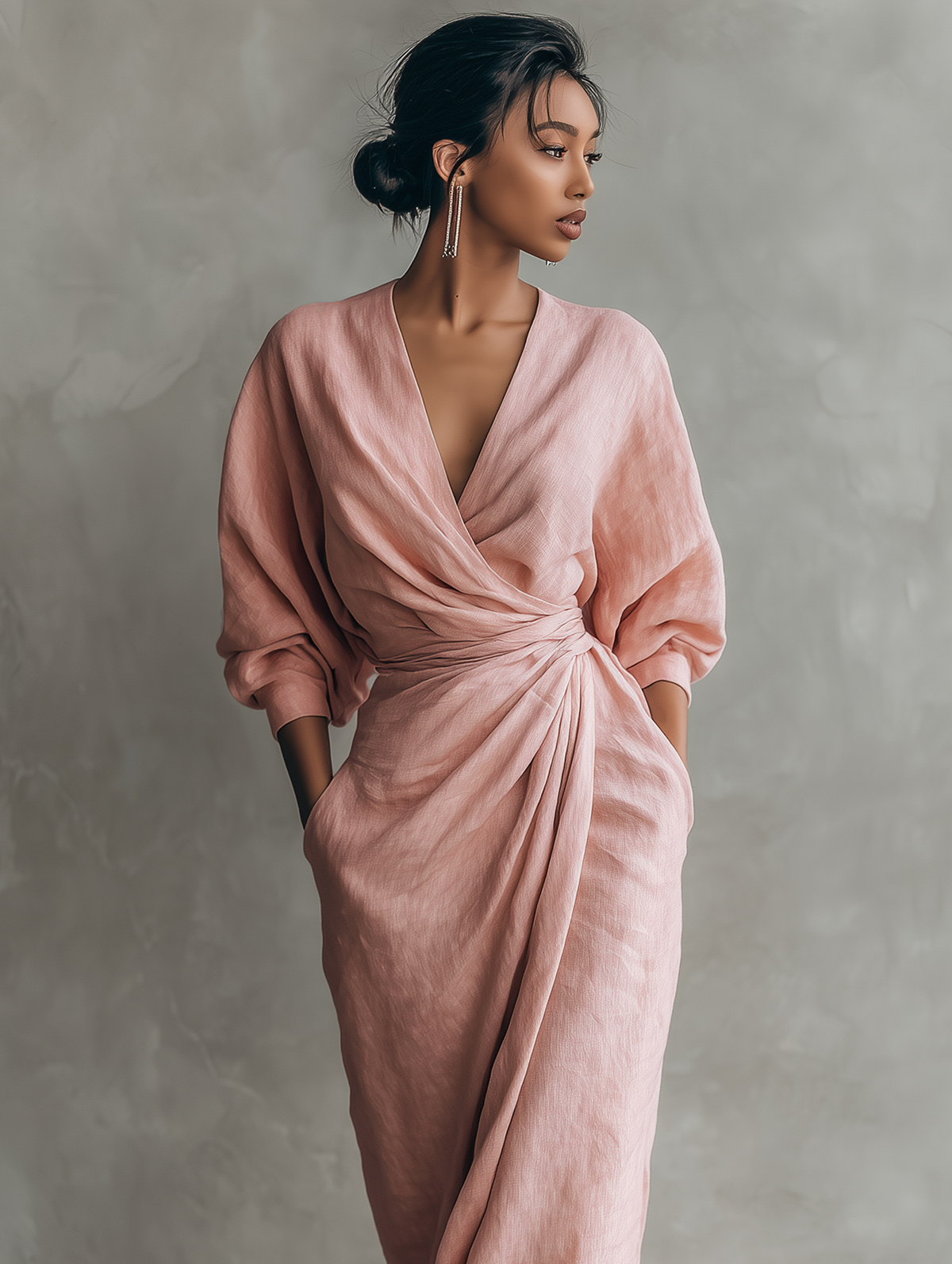 Deep V-Neck Batwing Sleeve Twist Front Draped Maxi Gown 6