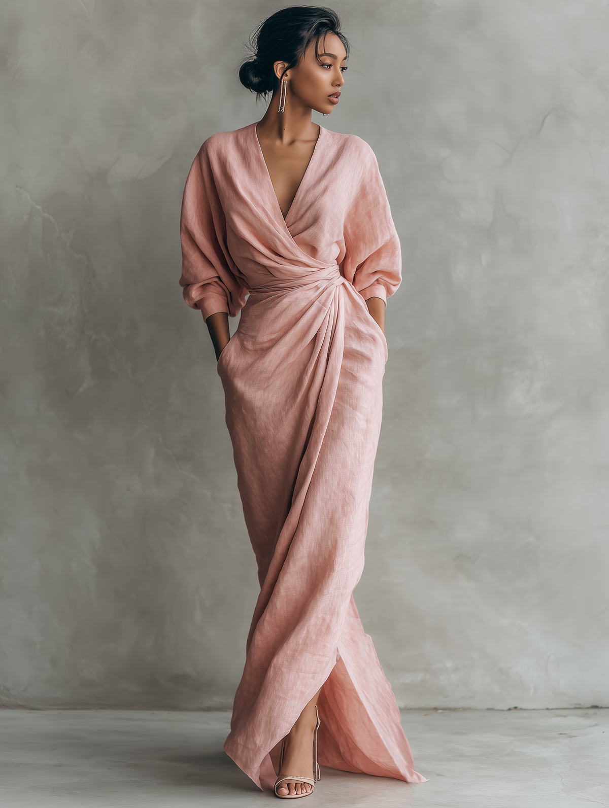 Deep V-Neck Batwing Sleeve Twist Front Draped Maxi Gown 5